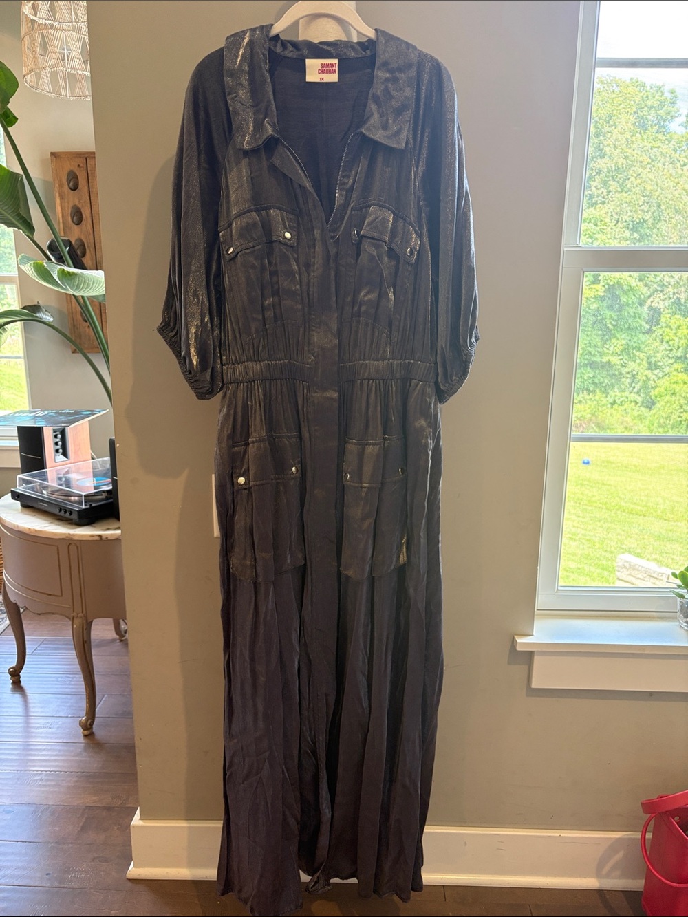 Shimmery Black Maxi Shirt Dress with Utility Pockets